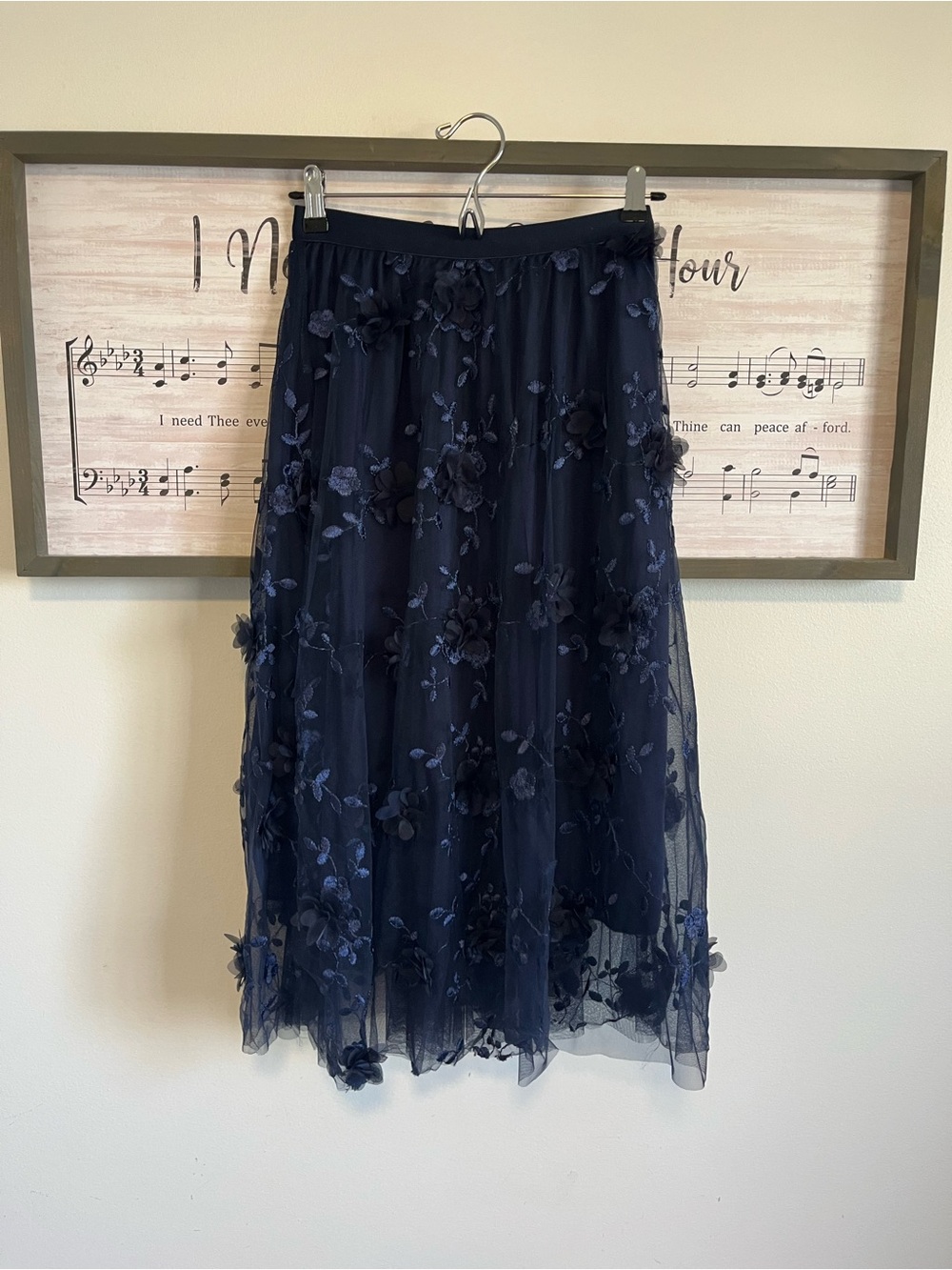 Navy Floral Appliqué Tulle Midi Skirt
